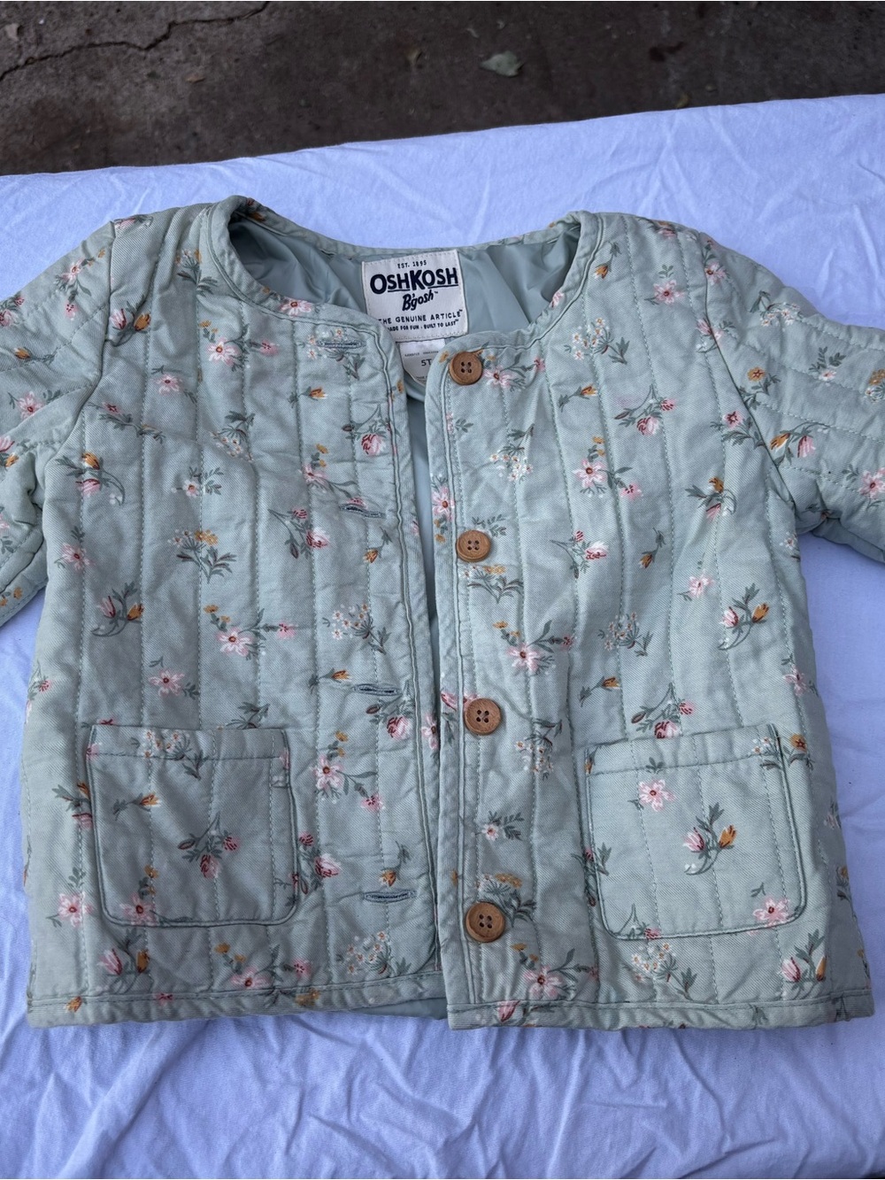 OshKosh B'gosh Girls' Light Green Floral Quilted Jacket has light stains